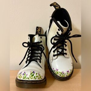 Toddler Dr. Marten White Patent Leather Boots with Hand Painted Flowers US 9